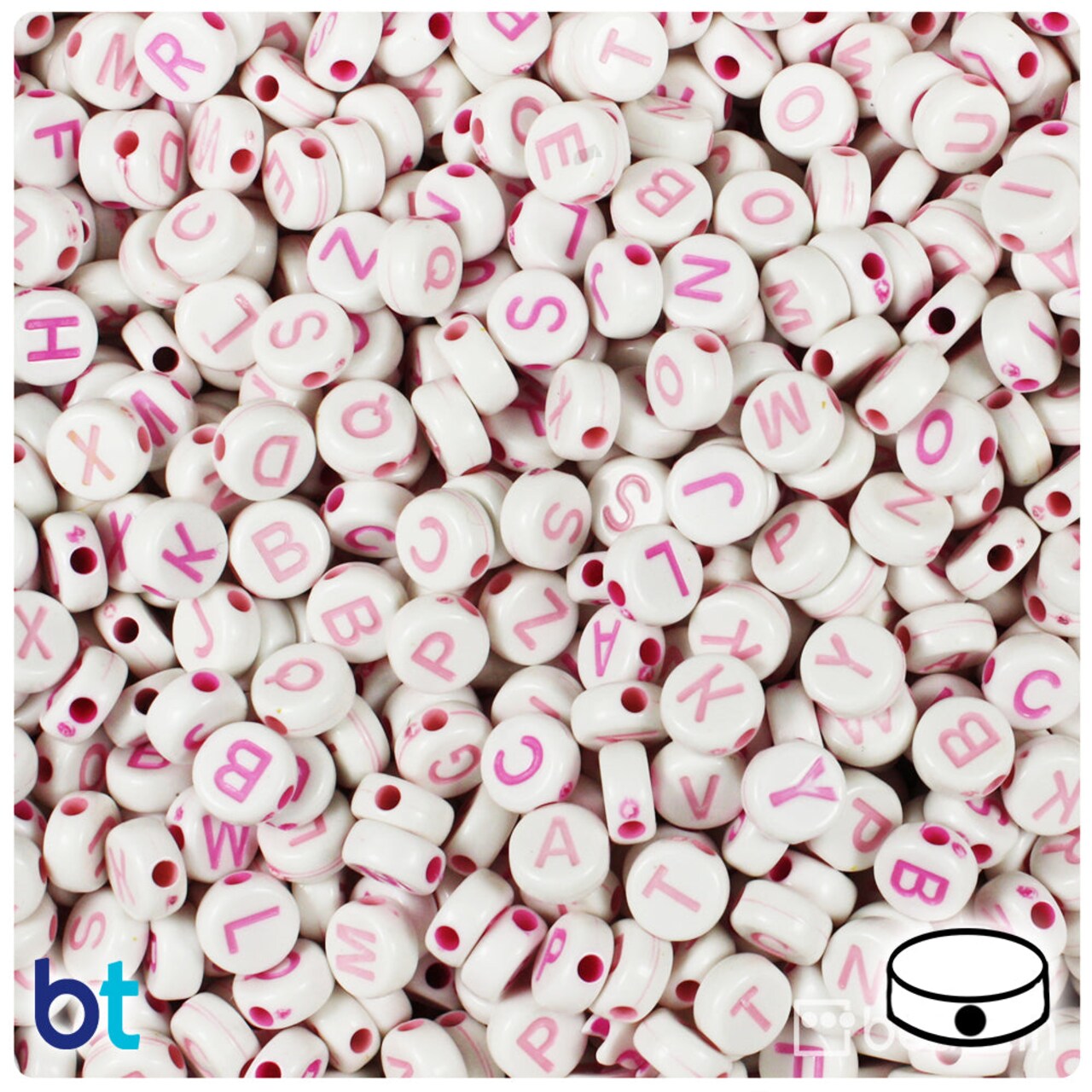 BeadTin White Opaque 7mm Coin Plastic Alpha Beads - Pink Letter Mix (250pcs)